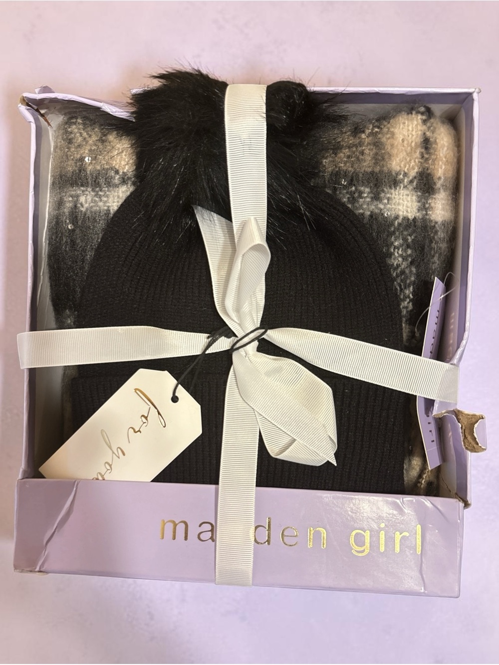 Black Pom Beanie Gift Set with Plaid Scarf NWT